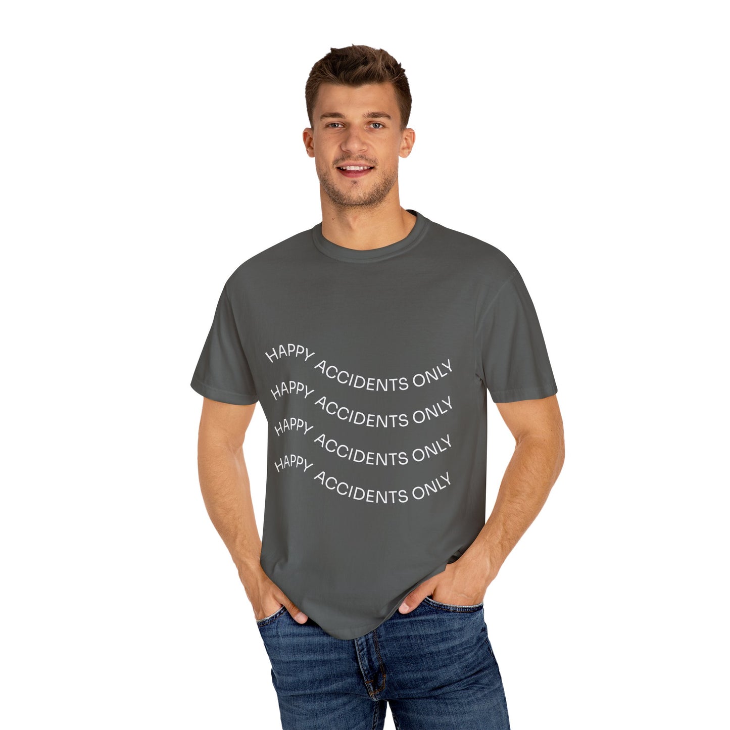 Happy Accidents Unisex Garment-Dyed T-Shirt, Casual Wear, Summer Outing, Gift for Friends, Beach Vibes, Positive Quote Tee