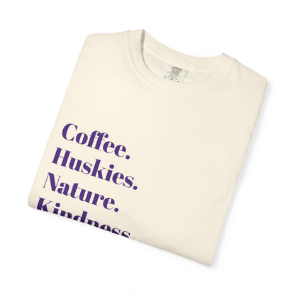 Coffee, Huskies, Nature | Unisex Garment-Dyed T-Shirt | Cozy Gift for Dog Lovers, Outdoor Enthusiasts, Casual Wear, Birthday Gift, [...]