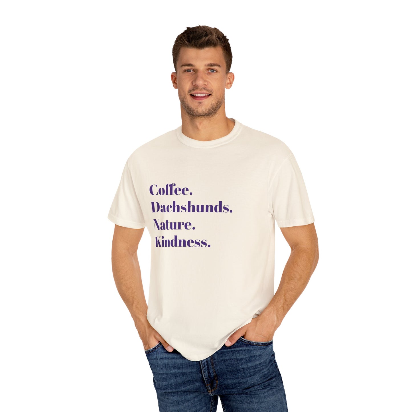 Coffee Dachshunds Nature Kindness T-Shirt | Unisex Garment-Dyed Tee for Animal Lovers, Nature Enthusiasts, Gift for Dog Owners, Casual Wear