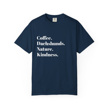 Coffee Dachshunds Nature Kindness T-Shirt | Unisex Garment-Dyed Tee for Animal Lovers, Nature Enthusiasts, Gift for Dog Owners, Casual Wear