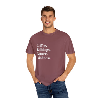 Coffee Bulldogs Nature Kindness T-Shirt, Unisex Graphic Tee, Gift for Dog Lovers, Nature Enthusiasts, Casual Wear