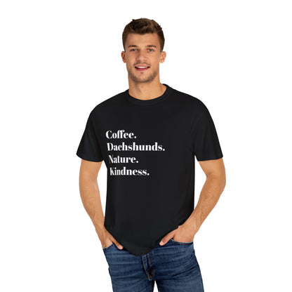 Coffee Dachshunds Nature Kindness T-Shirt | Unisex Garment-Dyed Tee for Animal Lovers, Nature Enthusiasts, Gift for Dog Owners, Casual Wear