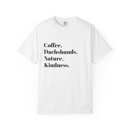 Coffee Dachshunds Nature Kindness T-Shirt | Unisex Garment-Dyed Tee for Animal Lovers, Nature Enthusiasts, Gift for Dog Owners, Casual Wear