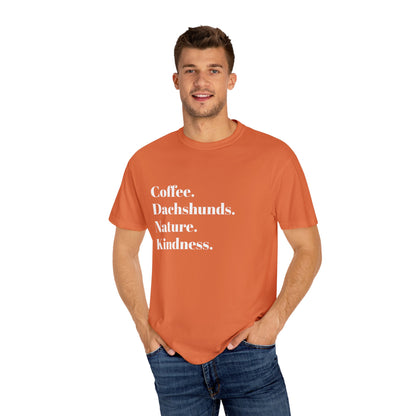 Coffee Dachshunds Nature Kindness T-Shirt | Unisex Garment-Dyed Tee for Animal Lovers, Nature Enthusiasts, Gift for Dog Owners, Casual Wear