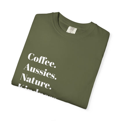 Coffee, Aussies, Nature Unisex Garment-Dyed T-Shirt | Eco-Friendly, Casual Wear, Gift for Nature Lovers, Spring Fashion, Everyday Comfort