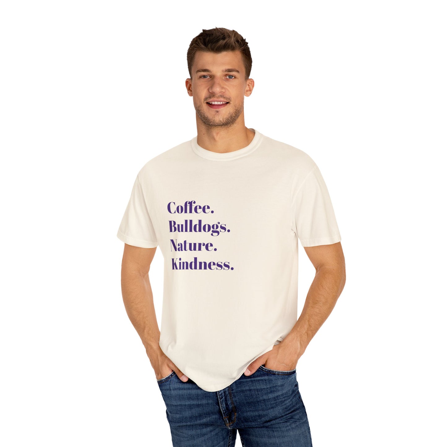 Coffee Bulldogs Nature Kindness T-Shirt, Unisex Graphic Tee, Gift for Dog Lovers, Nature Enthusiasts, Casual Wear