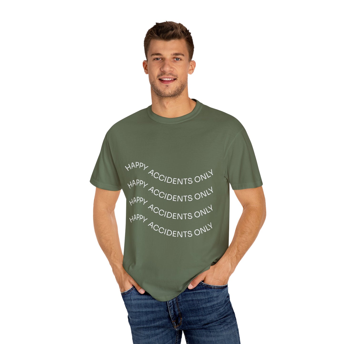 Happy Accidents Unisex Garment-Dyed T-Shirt, Casual Wear, Summer Outing, Gift for Friends, Beach Vibes, Positive Quote Tee