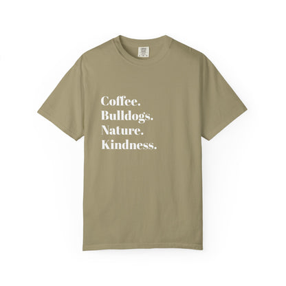 Coffee Bulldogs Nature Kindness T-Shirt, Unisex Graphic Tee, Gift for Dog Lovers, Nature Enthusiasts, Casual Wear