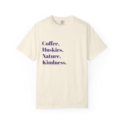 Coffee, Huskies, Nature | Unisex Garment-Dyed T-Shirt | Cozy Gift for Dog Lovers, Outdoor Enthusiasts, Casual Wear, Birthday Gift, [...]