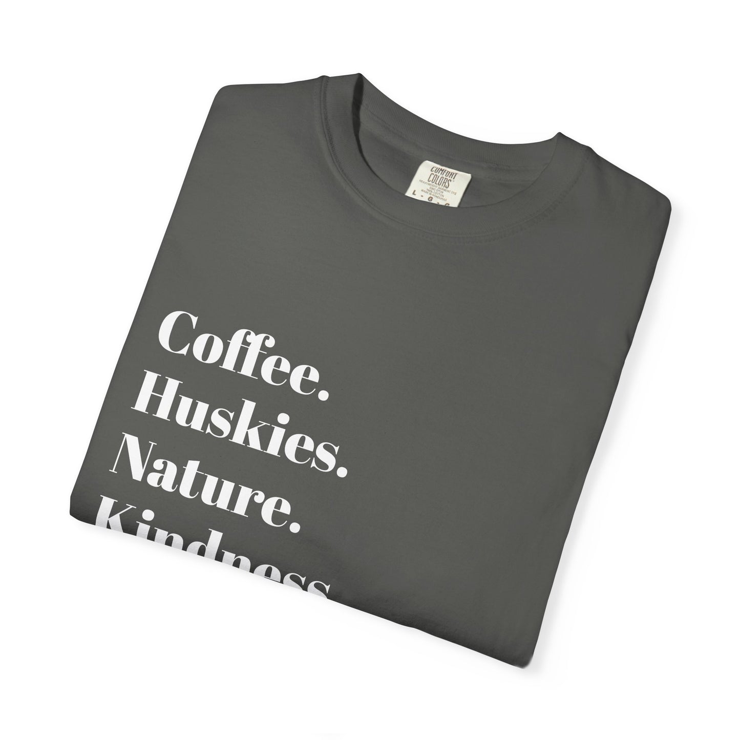 Coffee, Huskies, Nature | Unisex Garment-Dyed T-Shirt | Cozy Gift for Dog Lovers, Outdoor Enthusiasts, Casual Wear, Birthday Gift, [...]