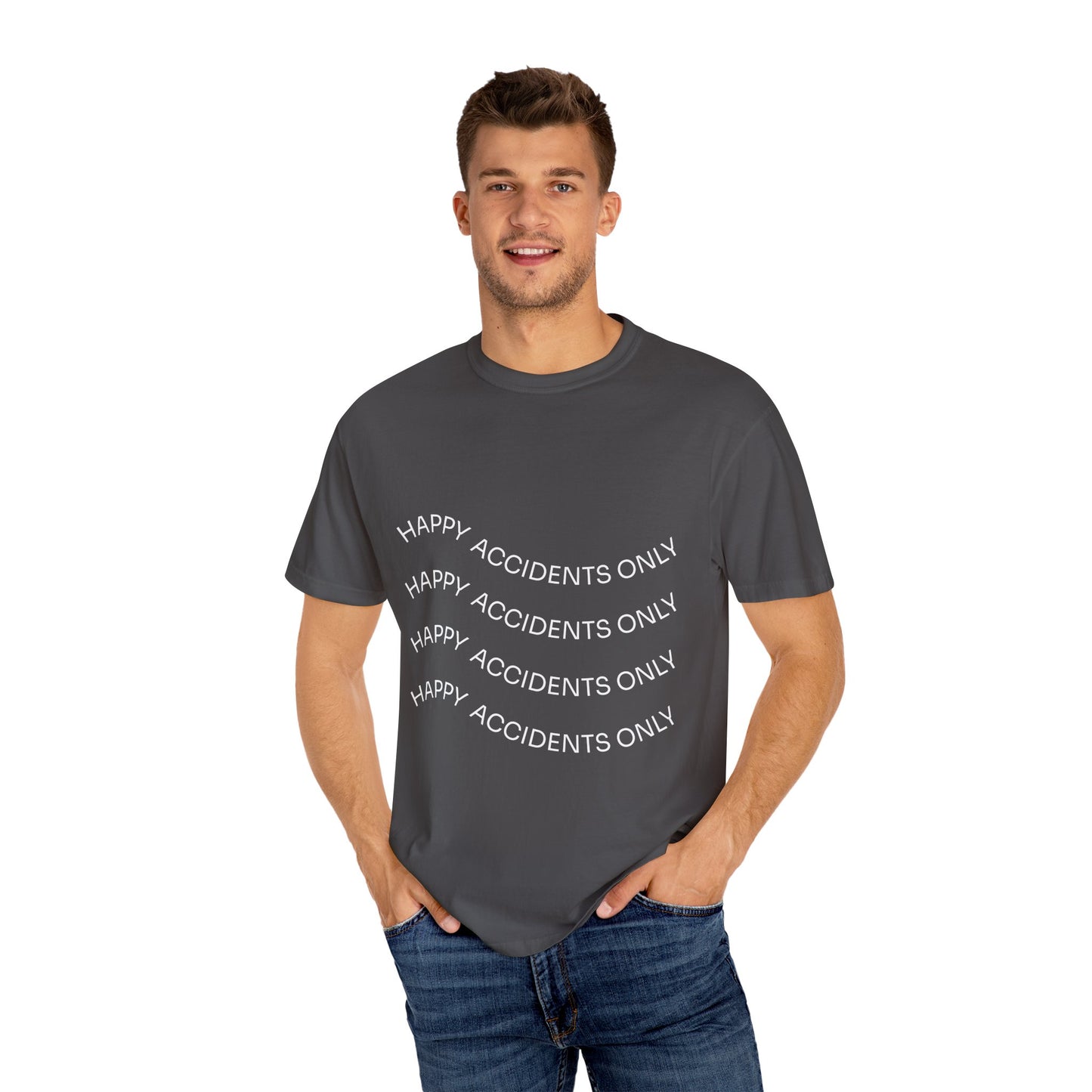 Happy Accidents Unisex Garment-Dyed T-Shirt, Casual Wear, Summer Outing, Gift for Friends, Beach Vibes, Positive Quote Tee