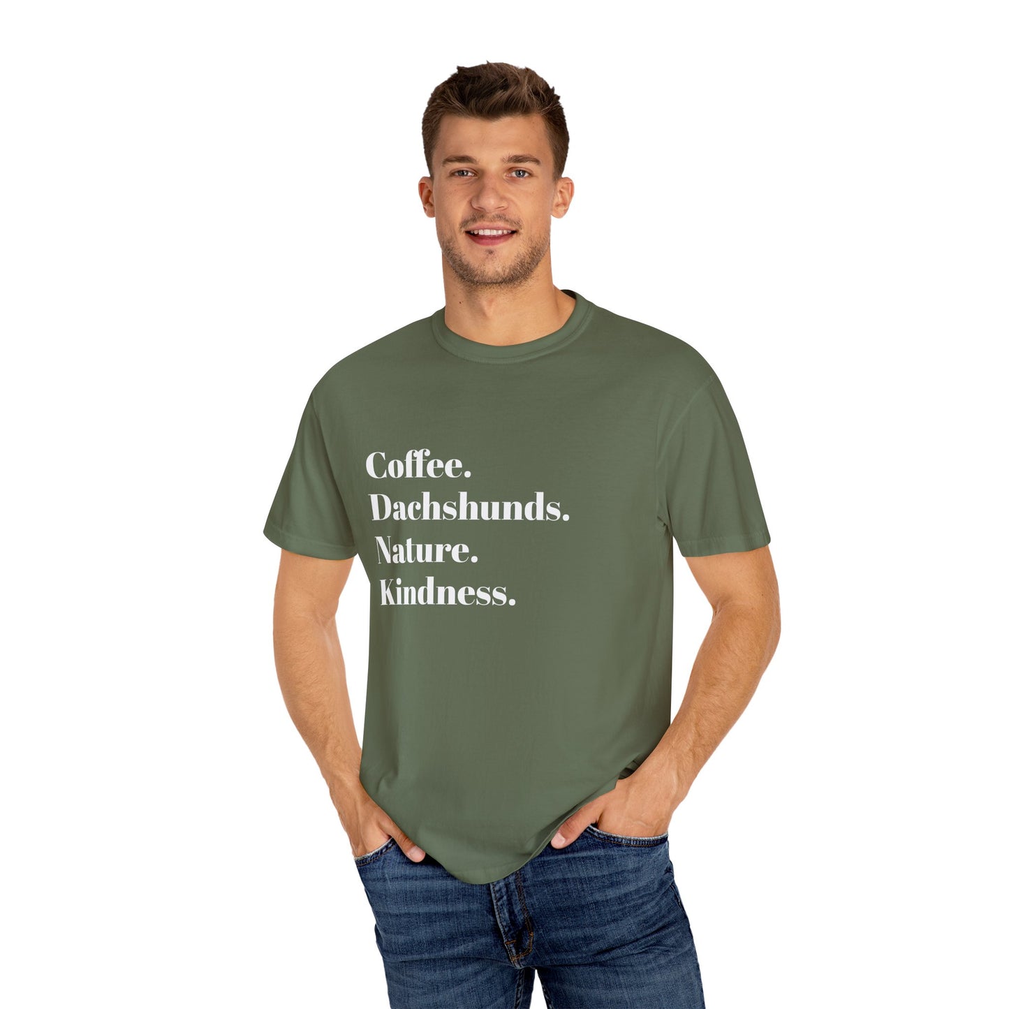Coffee Dachshunds Nature Kindness T-Shirt | Unisex Garment-Dyed Tee for Animal Lovers, Nature Enthusiasts, Gift for Dog Owners, Casual Wear