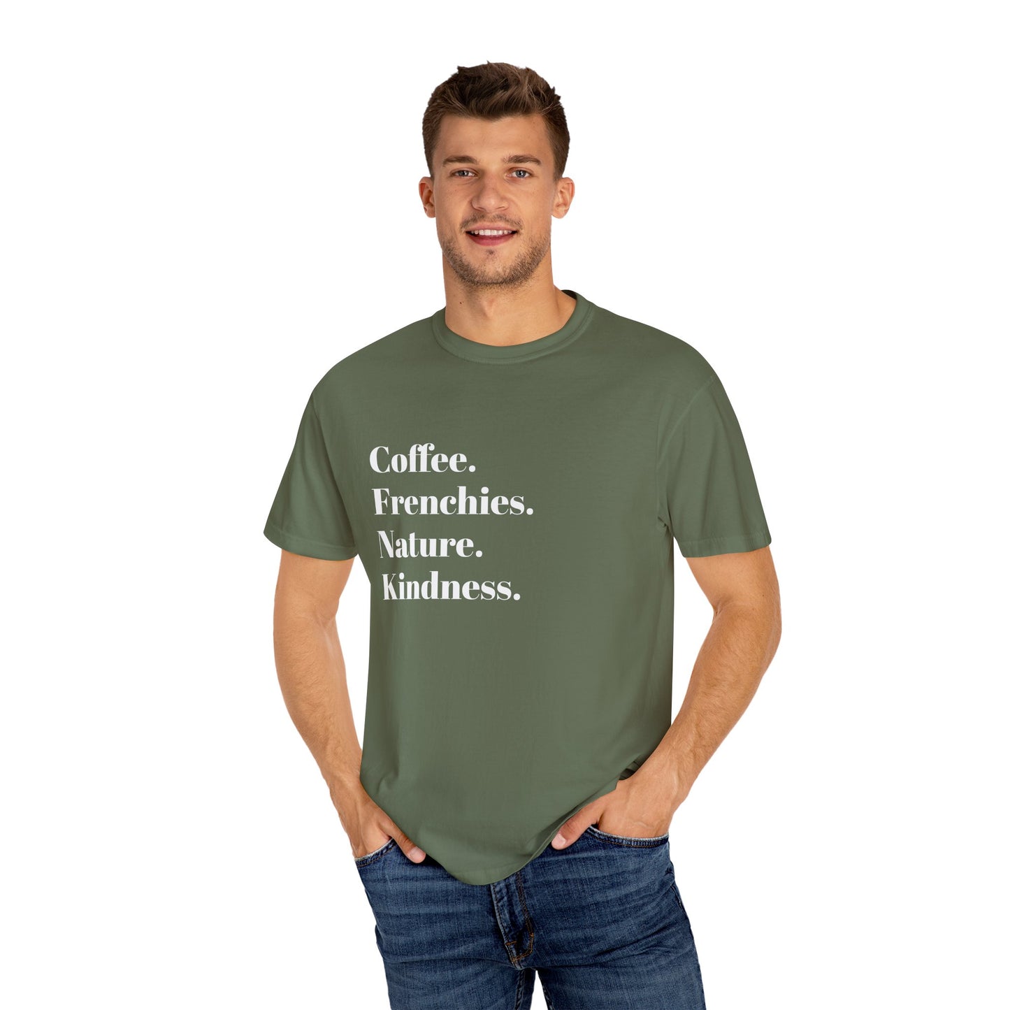 Coffee Frenchies Nature Kindness T-Shirt, Unisex Cotton Tee, Casual Wear, Gift for Dog Lovers, Nature Lovers Shirt