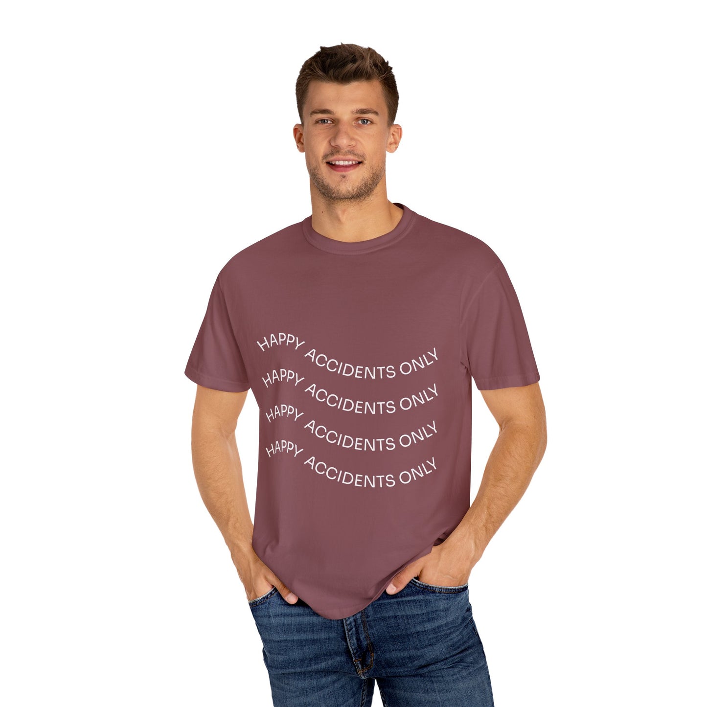 Happy Accidents Unisex Garment-Dyed T-Shirt, Casual Wear, Summer Outing, Gift for Friends, Beach Vibes, Positive Quote Tee