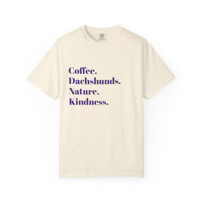 Coffee Dachshunds Nature Kindness T-Shirt | Unisex Garment-Dyed Tee for Animal Lovers, Nature Enthusiasts, Gift for Dog Owners, Casual Wear