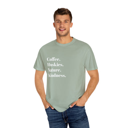 Coffee, Huskies, Nature | Unisex Garment-Dyed T-Shirt | Cozy Gift for Dog Lovers, Outdoor Enthusiasts, Casual Wear, Birthday Gift, [...]