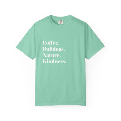 Coffee Bulldogs Nature Kindness T-Shirt, Unisex Graphic Tee, Gift for Dog Lovers, Nature Enthusiasts, Casual Wear
