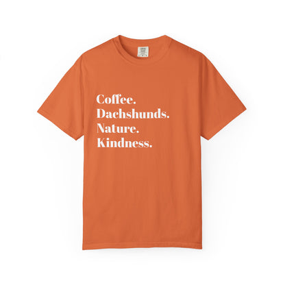 Coffee Dachshunds Nature Kindness T-Shirt | Unisex Garment-Dyed Tee for Animal Lovers, Nature Enthusiasts, Gift for Dog Owners, Casual Wear