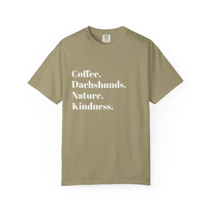 Coffee Dachshunds Nature Kindness T-Shirt | Unisex Garment-Dyed Tee for Animal Lovers, Nature Enthusiasts, Gift for Dog Owners, Casual Wear